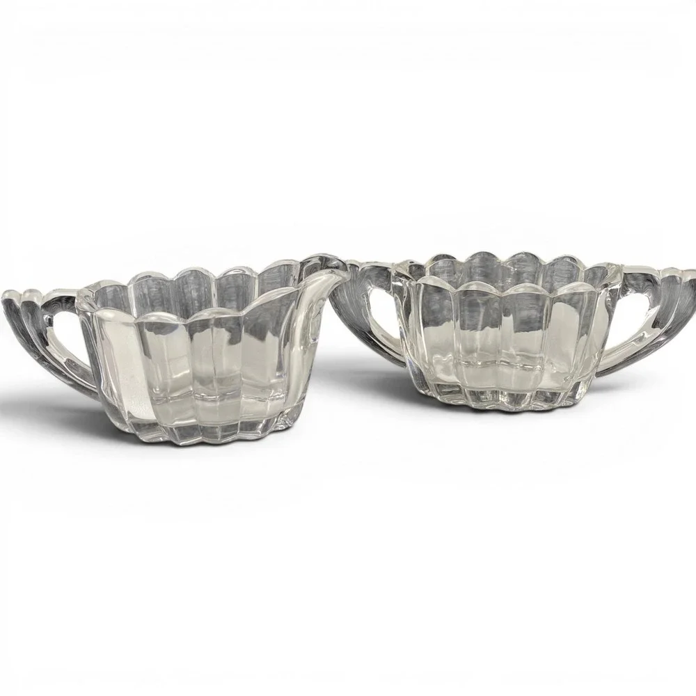 Heisey Lariat Clear Glass Creamer and Sugar Bowl Set Scalloped Diamond H Logo